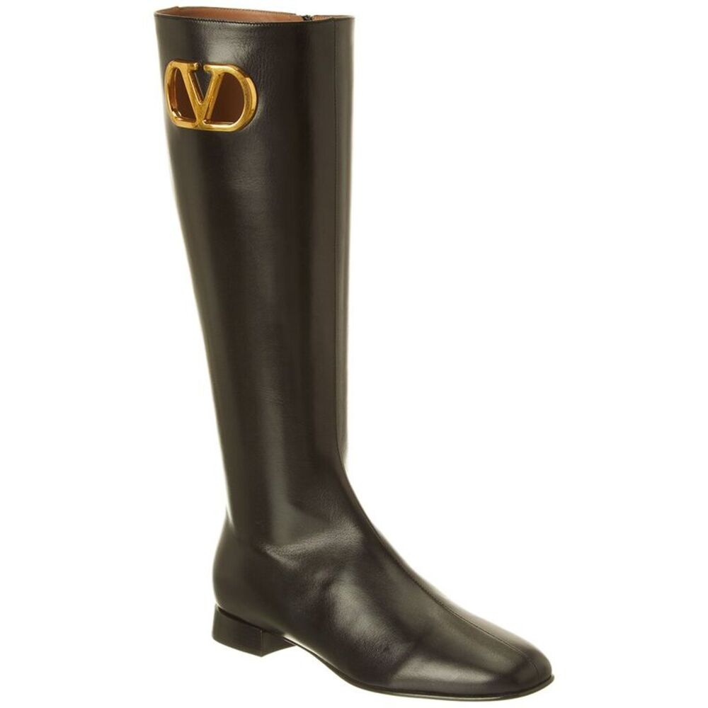 Valentino Vlogo Leather Knee-High Boot, Black